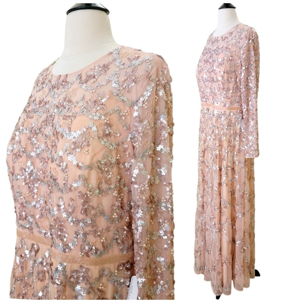 NWT MAC DUGGAL EMBELLISHED ILLUSION HIGH NECK LONG SLEEVED GOWN‎ BLUSH 12 5496 - Picture 7 of 8